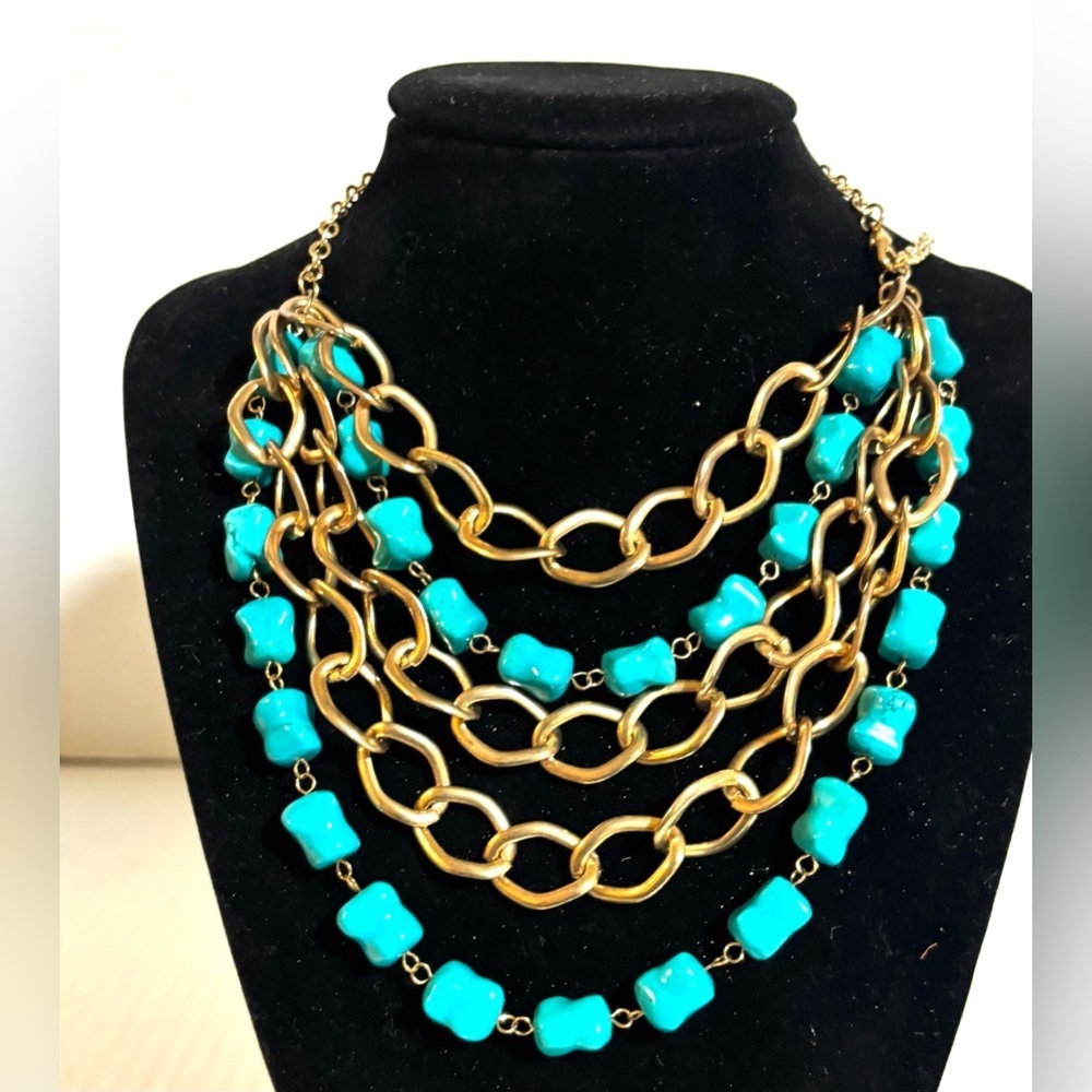 Gold Multi-Strand Necklace with Turquoise Beads - Women Jewelry
